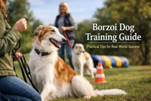 borzoi dog training session showing an adult borzoi calmly working with a handler in an outdoor field