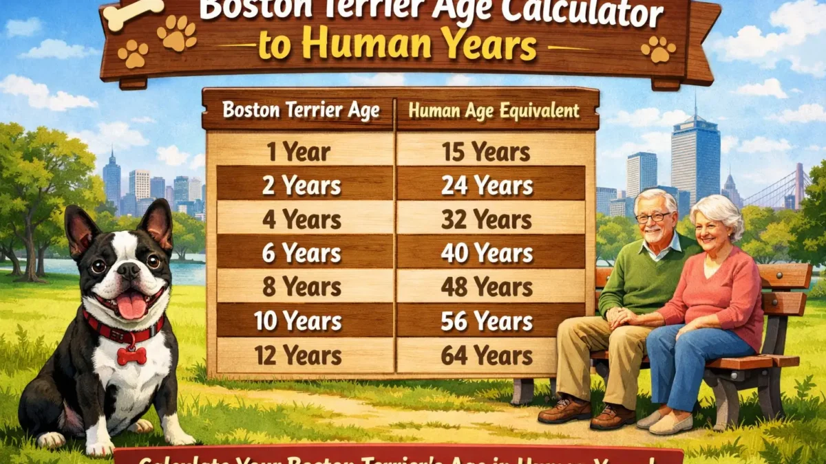 Boston Terrier age calculator showing a small black-and-white Boston Terrier with age chart comparison to human years