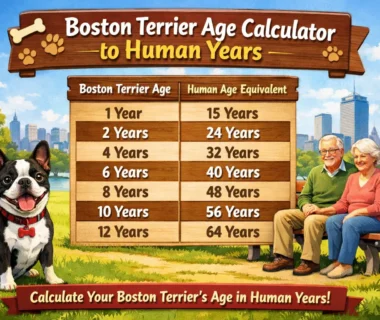 Boston Terrier age calculator showing a small black-and-white Boston Terrier with age chart comparison to human years
