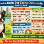 Boston Terrier sitting indoors beside a breakdown of monthly, yearly, and lifetime ownership costs including food, vet care, and insurance
