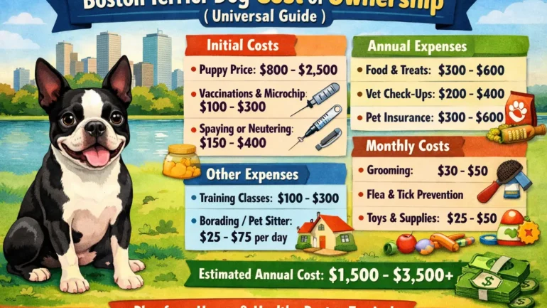 Boston Terrier cost of ownership showing a small, muscular Boston Terrier with a short coat and alert expression