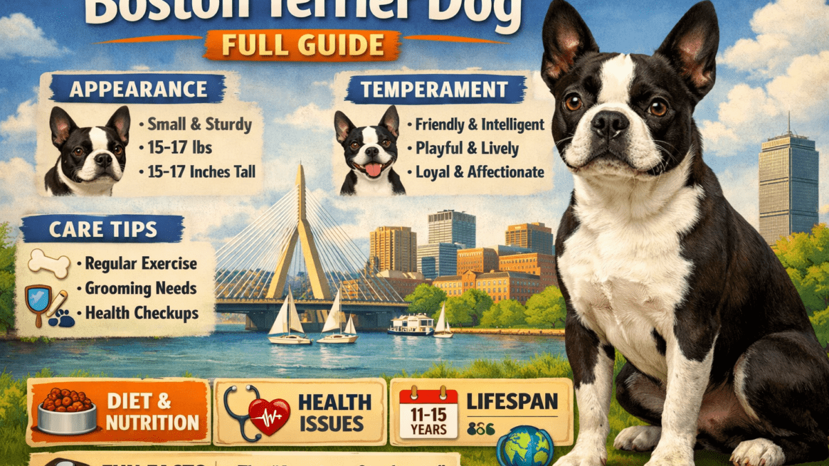 Boston Terrier dog standing alert with black and white tuxedo coat and compact body shape