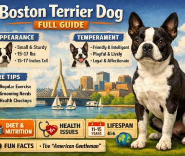 Boston Terrier dog standing alert with black and white tuxedo coat and compact body shape