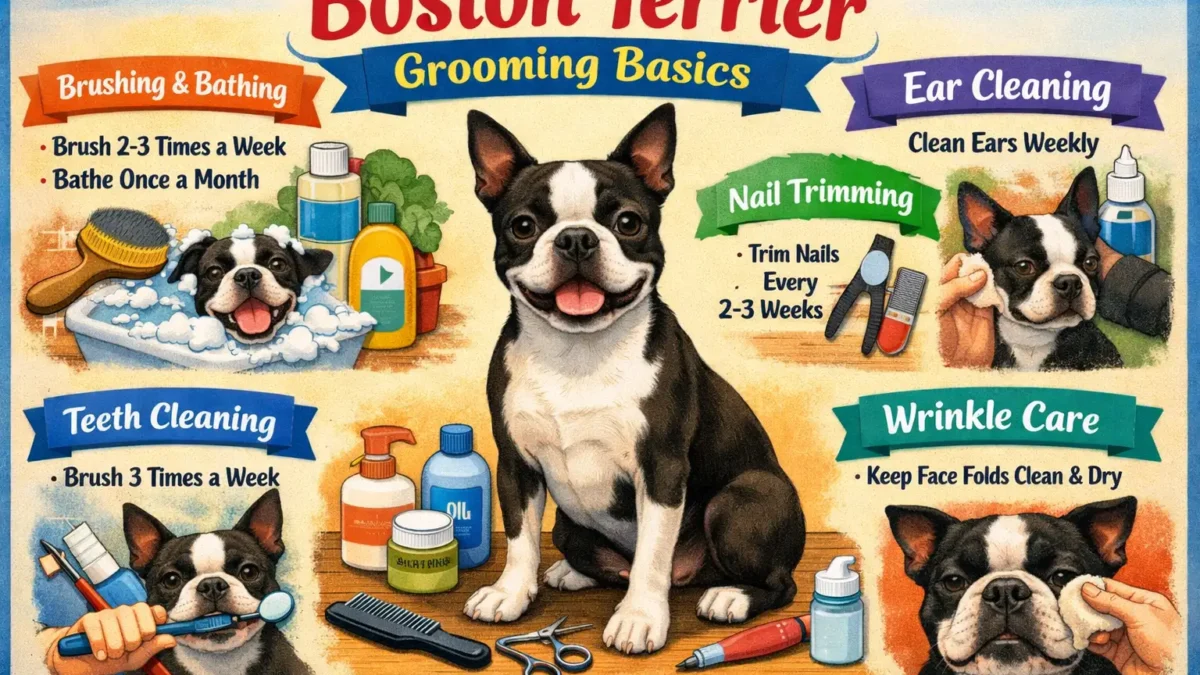 Boston Terrier grooming at home showing a short-haired Boston Terrier being gently brushed on a table