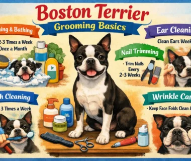Boston Terrier grooming at home showing a short-haired Boston Terrier being gently brushed on a table