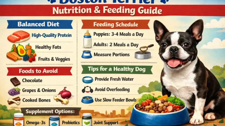 Boston Terrier nutrition guide showing a small black and white Boston Terrier sitting near a food bowl