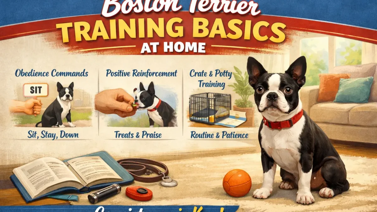 Boston Terrier training session showing a small black and white dog practicing basic obedience indoors with its owner