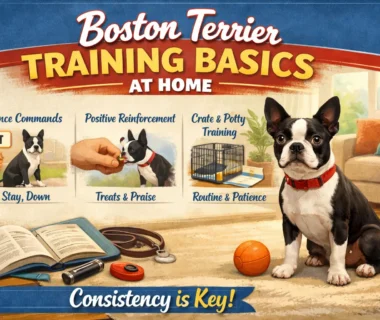 Boston Terrier training session showing a small black and white dog practicing basic obedience indoors with its owner