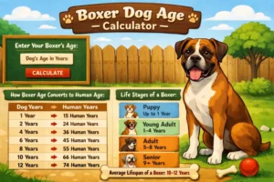 Boxer puppy and adult dog sitting side by side to show growth stages and age comparison in human years.