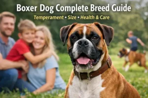 Adult Boxer dog with a muscular build, short coat, and alert expression standing outdoors