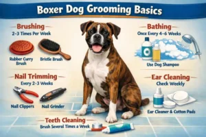 Boxer dog with a smooth short coat being brushed, highlighting low-shedding grooming needs.