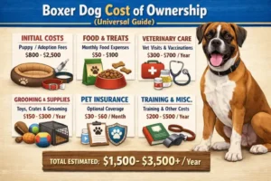 Boxer dog at home with food, toys, and vet supplies, representing everyday ownership expenses.