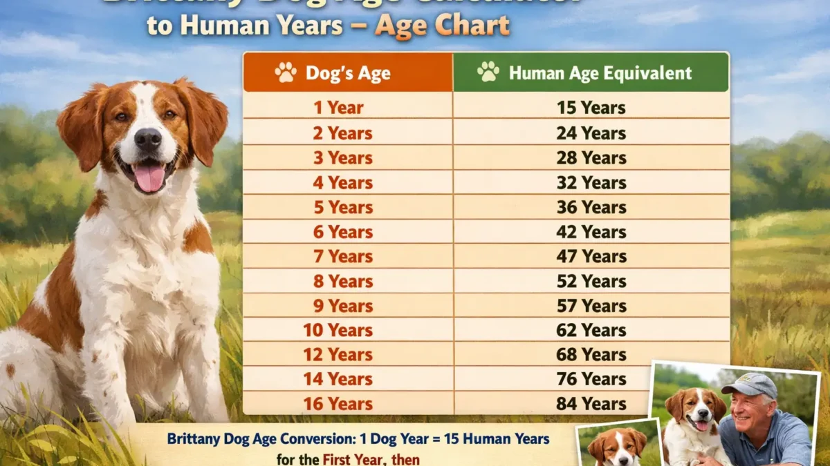 Brittany dog age calculator to human years with a detailed age chart showing age comparisons.