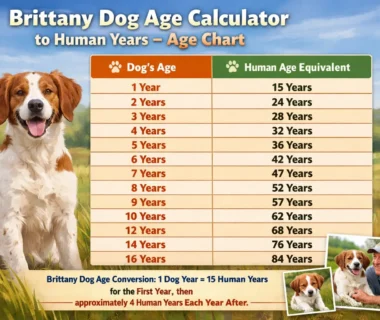 Brittany dog age calculator to human years with a detailed age chart showing age comparisons.