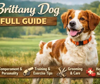 Brittany dog sitting and waiting, trained for obedience and recall commands.