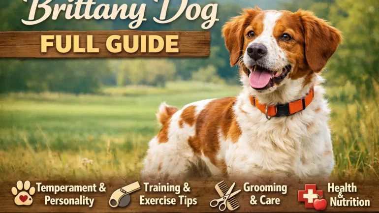 Brittany dog sitting and waiting, trained for obedience and recall commands.