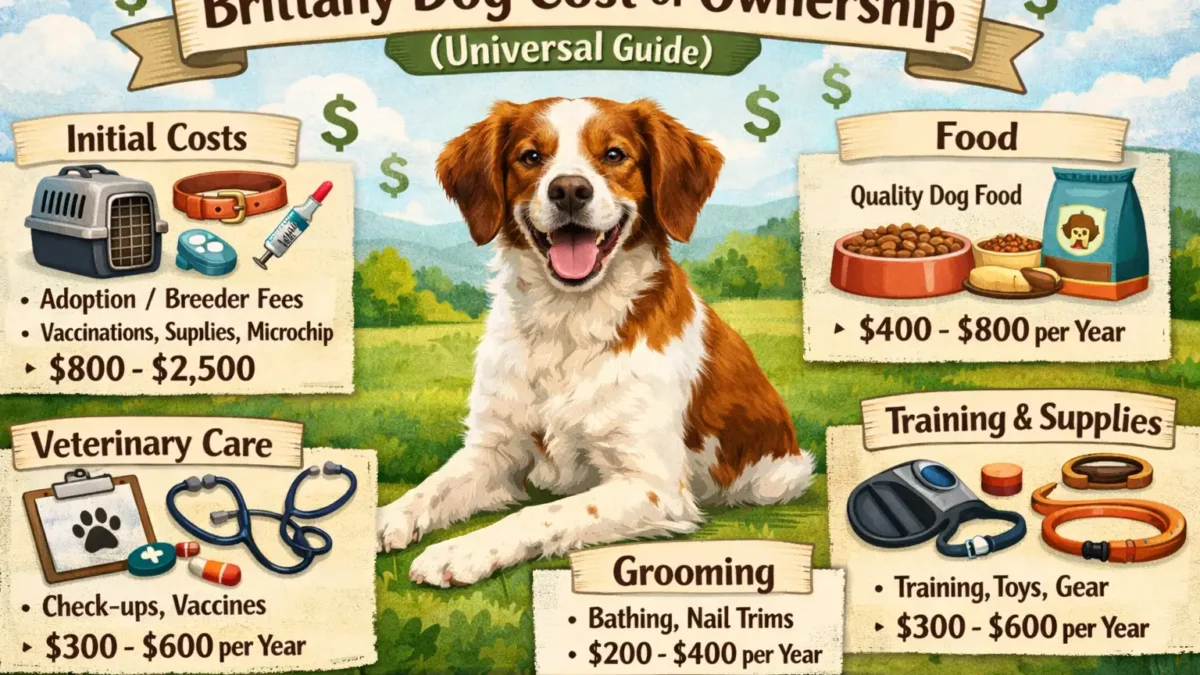 A Brittany dog in a grassy field, highlighting its energetic and friendly temperament. This breed is medium-sized, with a short, wavy coat.