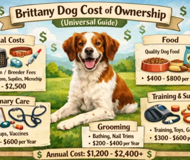 A Brittany dog in a grassy field, highlighting its energetic and friendly temperament. This breed is medium-sized, with a short, wavy coat.