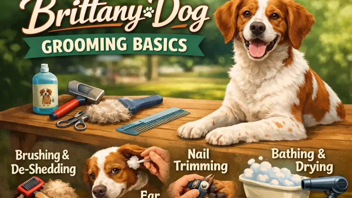 Brittany dog with a medium-length, feathered coat being brushed during grooming.