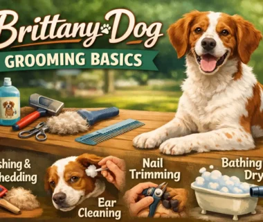 Brittany dog with a medium-length, feathered coat being brushed during grooming.