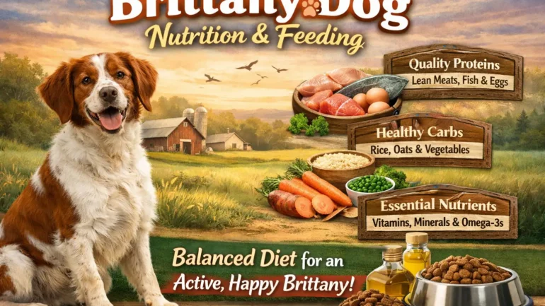 A healthy Brittany dog enjoying a balanced meal as part of a proper nutrition plan.