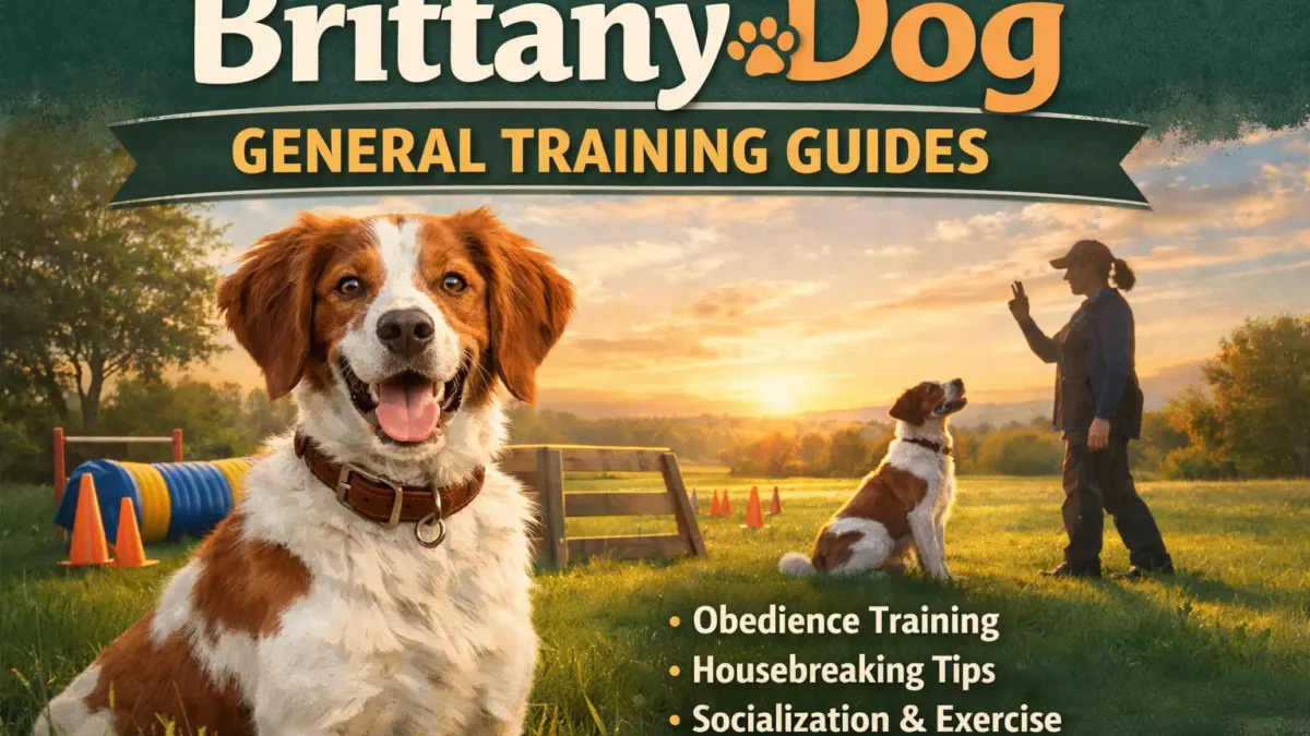 Brittany dog sitting and waiting, trained for obedience and recall commands.