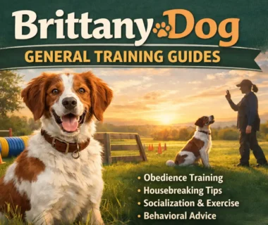 Brittany dog sitting and waiting, trained for obedience and recall commands.