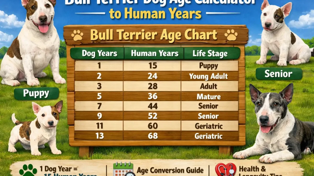 Bull Terrier dog age calculator showing age-to-human years conversion with milestones for puppies, adults, and seniors.
