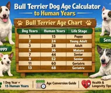 Bull Terrier dog age calculator showing age-to-human years conversion with milestones for puppies, adults, and seniors.