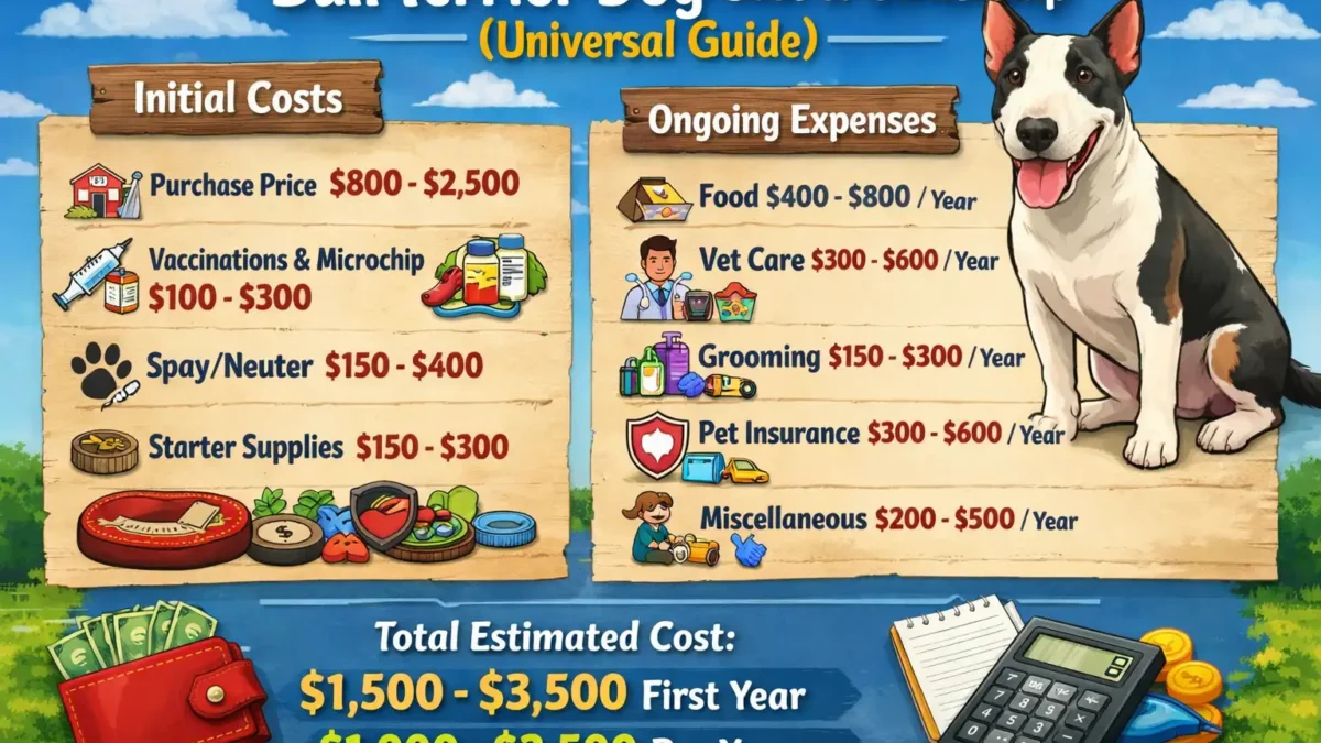 A happy Bull Terrier standing in a yard, illustrating the breed discussed in the Bull Terrier cost of ownership guide