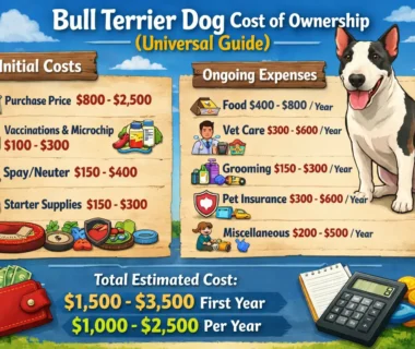 A happy Bull Terrier standing in a yard, illustrating the breed discussed in the Bull Terrier cost of ownership guide