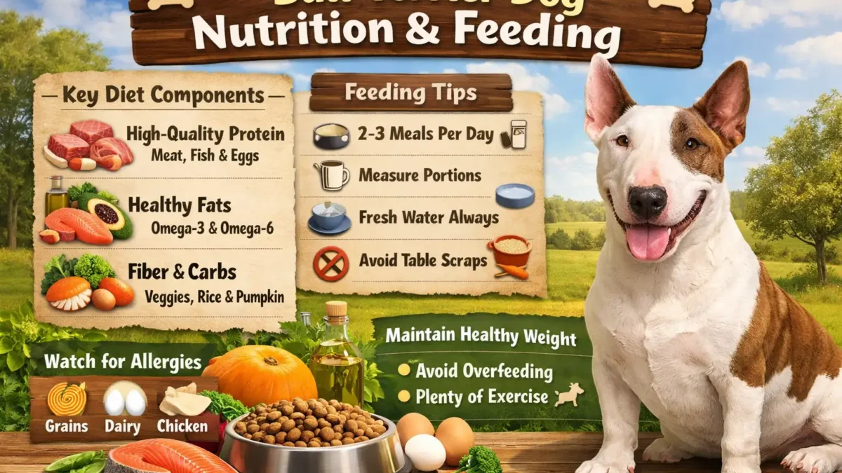 Bull Terrier dog enjoying a healthy meal with proper nutrition