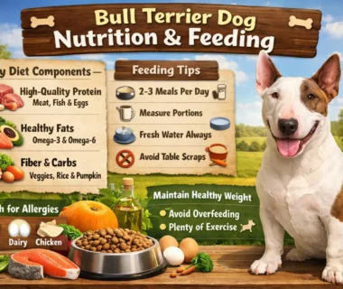 Bull Terrier dog enjoying a healthy meal with proper nutrition