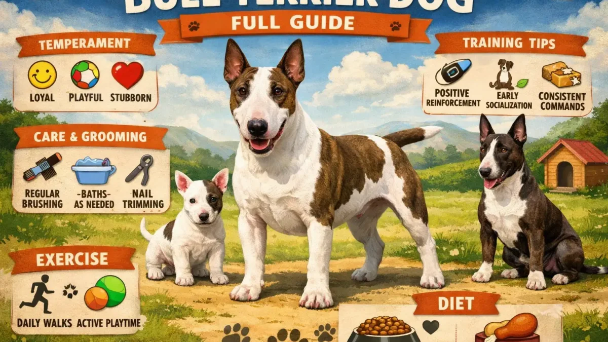 Adult Bull Terrier dog standing outdoors, showing its muscular build, egg-shaped head, and short, dense coat