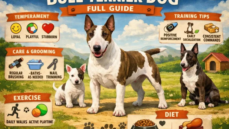 Adult Bull Terrier dog standing outdoors, showing its muscular build, egg-shaped head, and short, dense coat