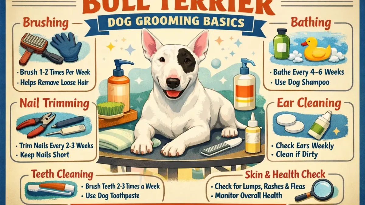 Adult Bull Terrier standing calmly while being brushed with a soft bristle brush