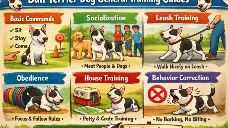 Adult Bull Terrier learning commands with owner during a training session