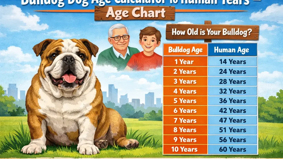 A healthy adult Bulldog sitting on a floor with a chart showing Bulldog age converted to human years