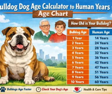 A healthy adult Bulldog sitting on a floor with a chart showing Bulldog age converted to human years