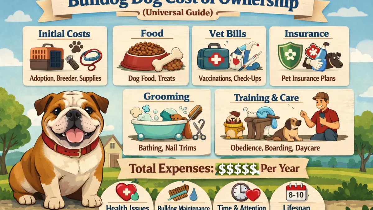 A stock image of an adult Bulldog sitting on a floor, illustrating Bulldog ownership costs and care