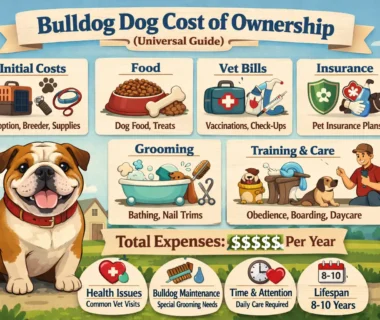A stock image of an adult Bulldog sitting on a floor, illustrating Bulldog ownership costs and care