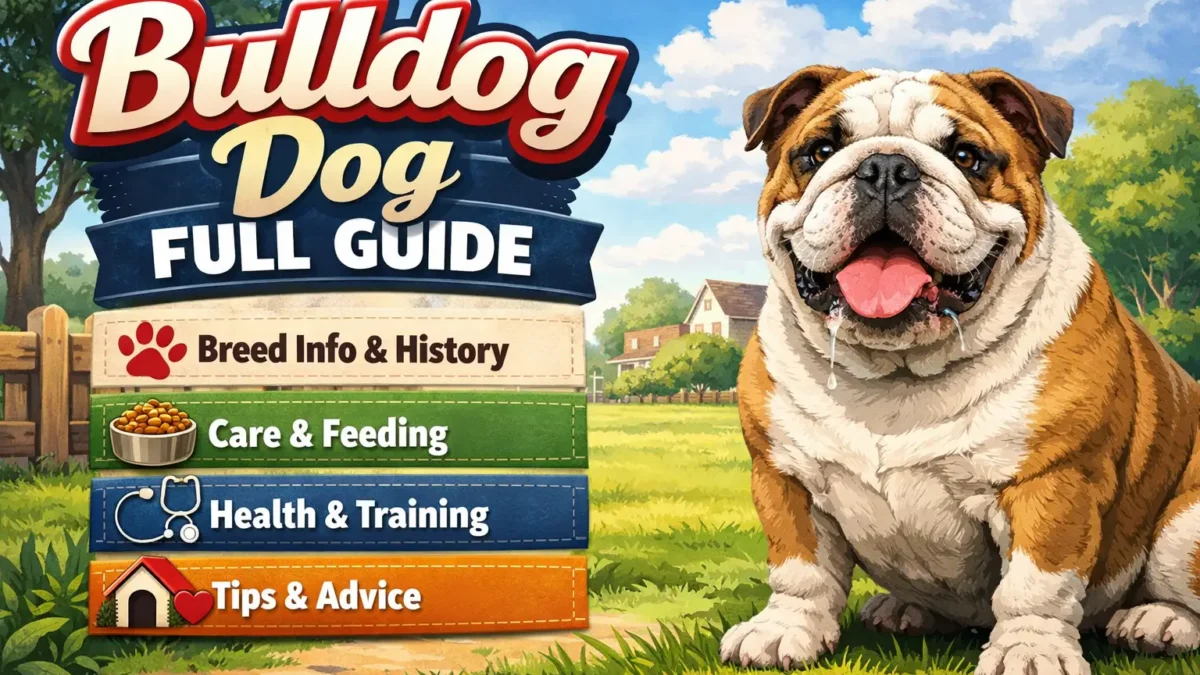 Adult Bulldog Dog sitting calmly indoors, showing its muscular build, flat face, and smooth coat