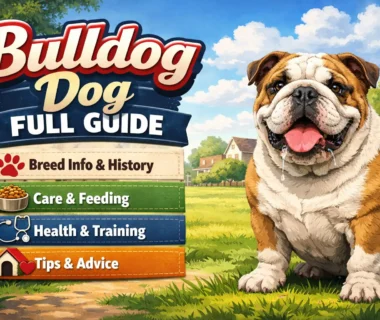 Adult Bulldog Dog sitting calmly indoors, showing its muscular build, flat face, and smooth coat
