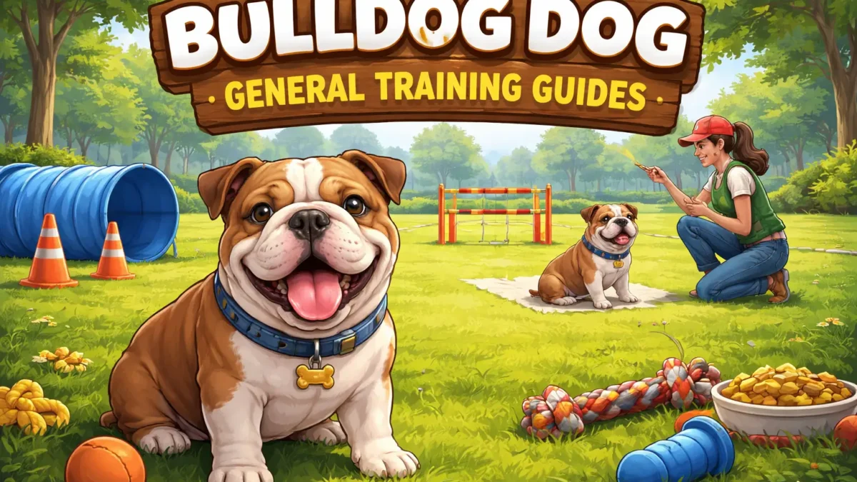 Adult Bulldog learning obedience commands with owner during a short training session