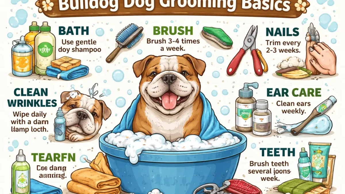 Adult Bulldog being groomed with brush and gentle care, highlighting skin folds and short coat