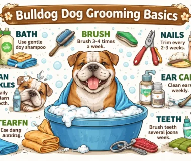 Adult Bulldog being groomed with brush and gentle care, highlighting skin folds and short coat