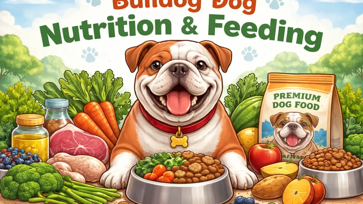 Adult Bulldog eating a balanced meal in a dog bowl, illustrating proper nutrition and portion control