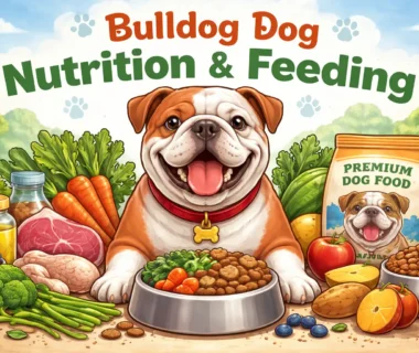 Adult Bulldog eating a balanced meal in a dog bowl, illustrating proper nutrition and portion control