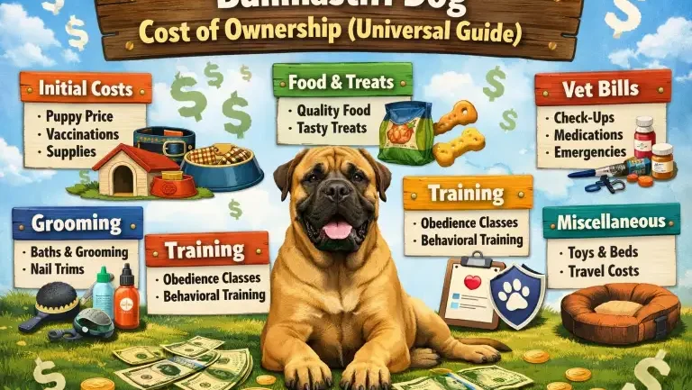 Bullmastiff cost of ownership showing a large adult Bullmastiff standing outdoors with a calm, powerful build