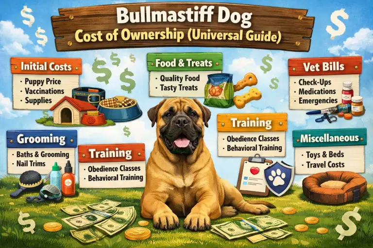 Bullmastiff cost of ownership showing a large adult Bullmastiff standing outdoors with a calm, powerful build